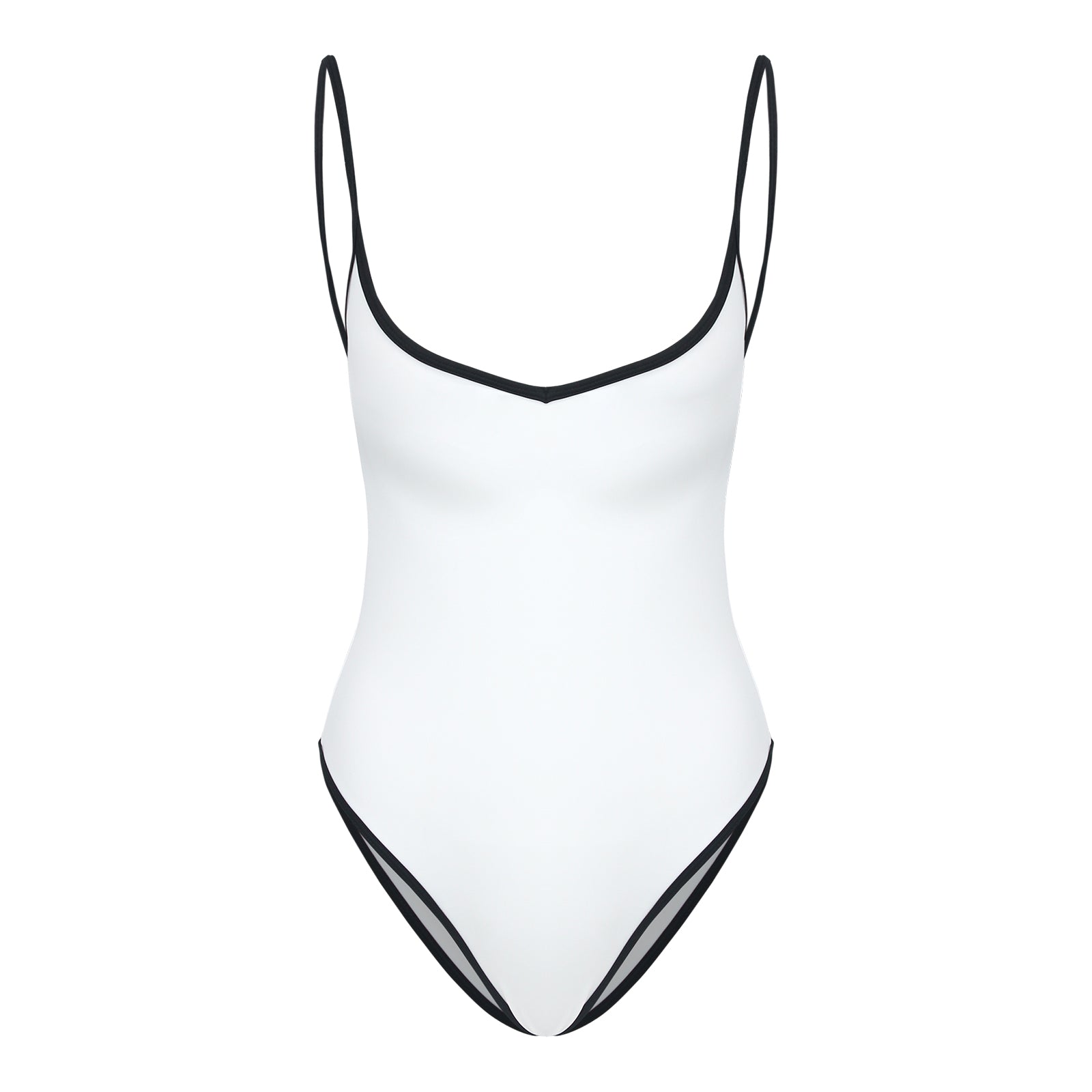 The Coco is a black/white sweetheart neckline one piece swimsuit made with sustainable fabric