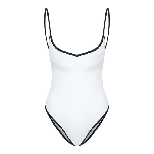 The Coco is a black/white sweetheart neckline one piece swimsuit made with sustainable fabric