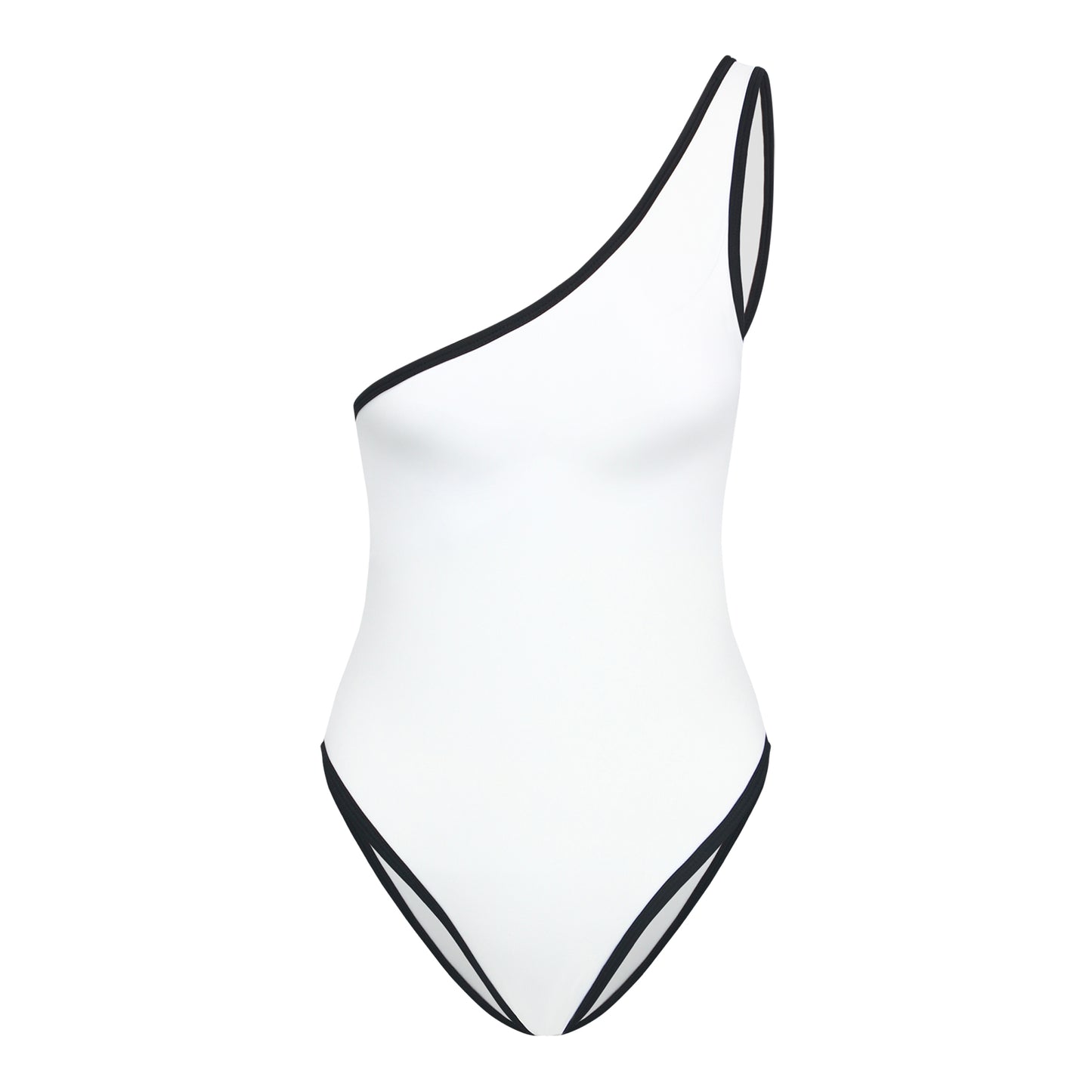 The Siren is a flattering one-shoulder swimsuit with a high thigh cut and built-in padding. Made with sustainable fabric